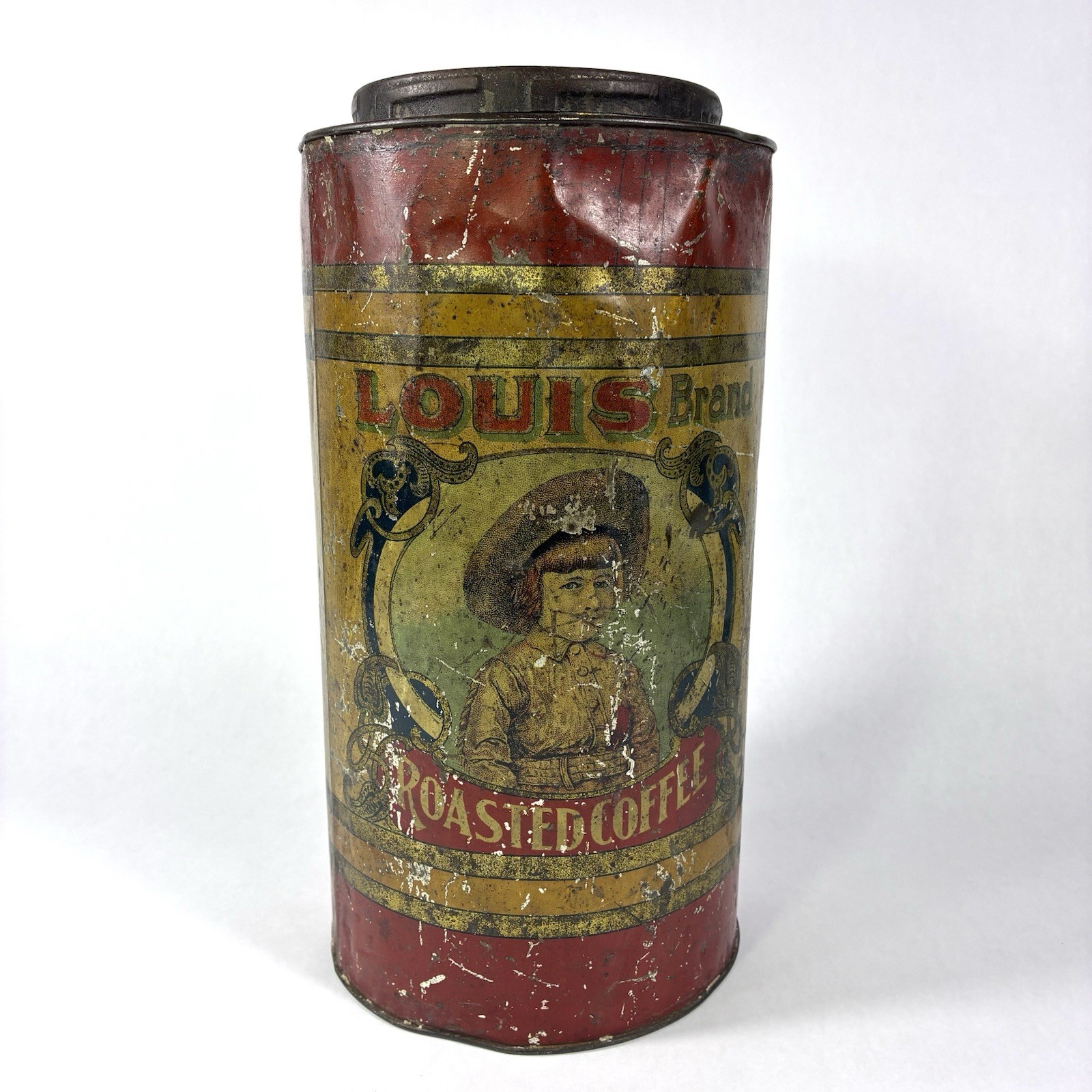 Antique Louis 3 lb. Coffee Litho Tin Can Western Girl Oklahoma 10.5\