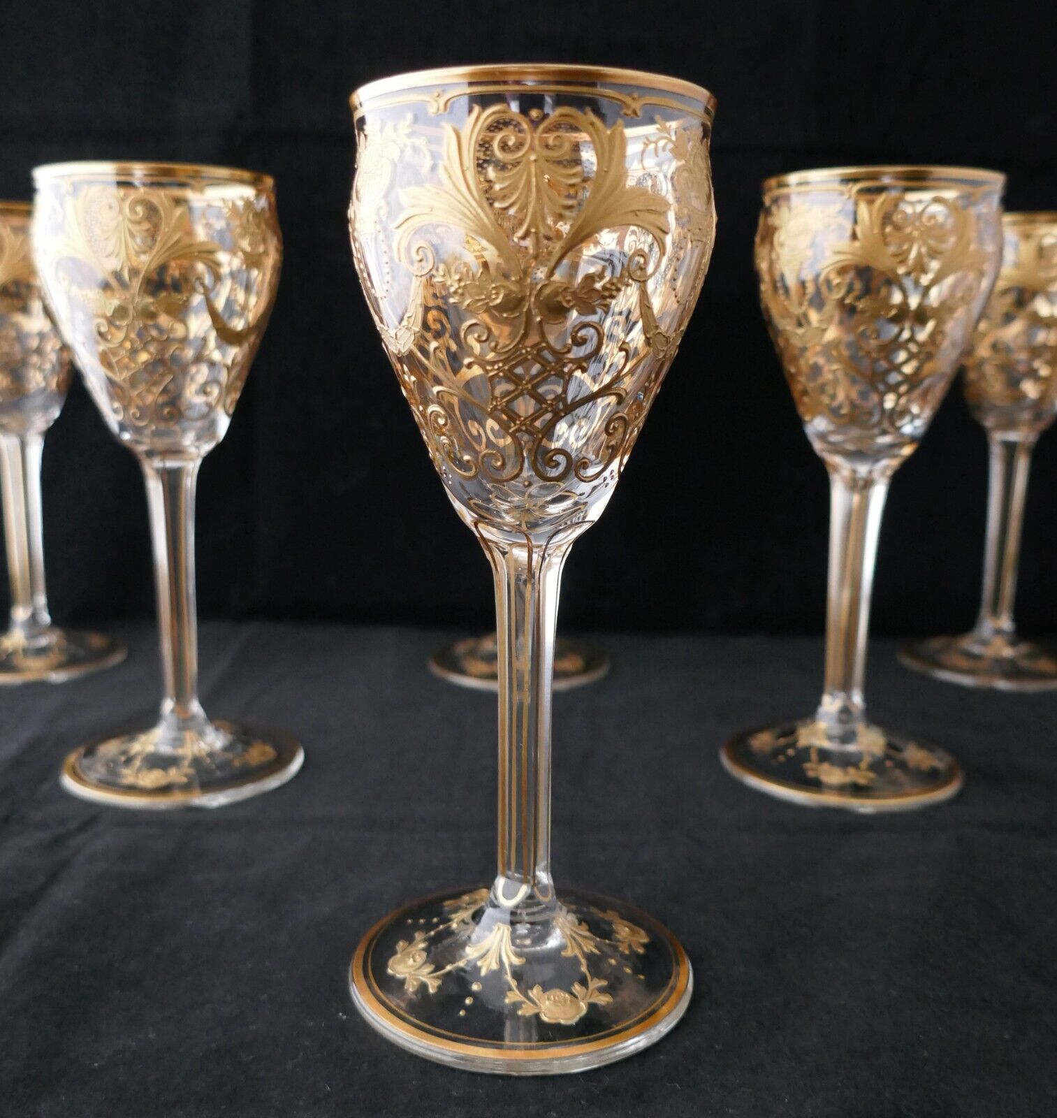 Exquisite Set 6 Baccarat Moser Handblown Crystal Raised Gold Wine Glasses