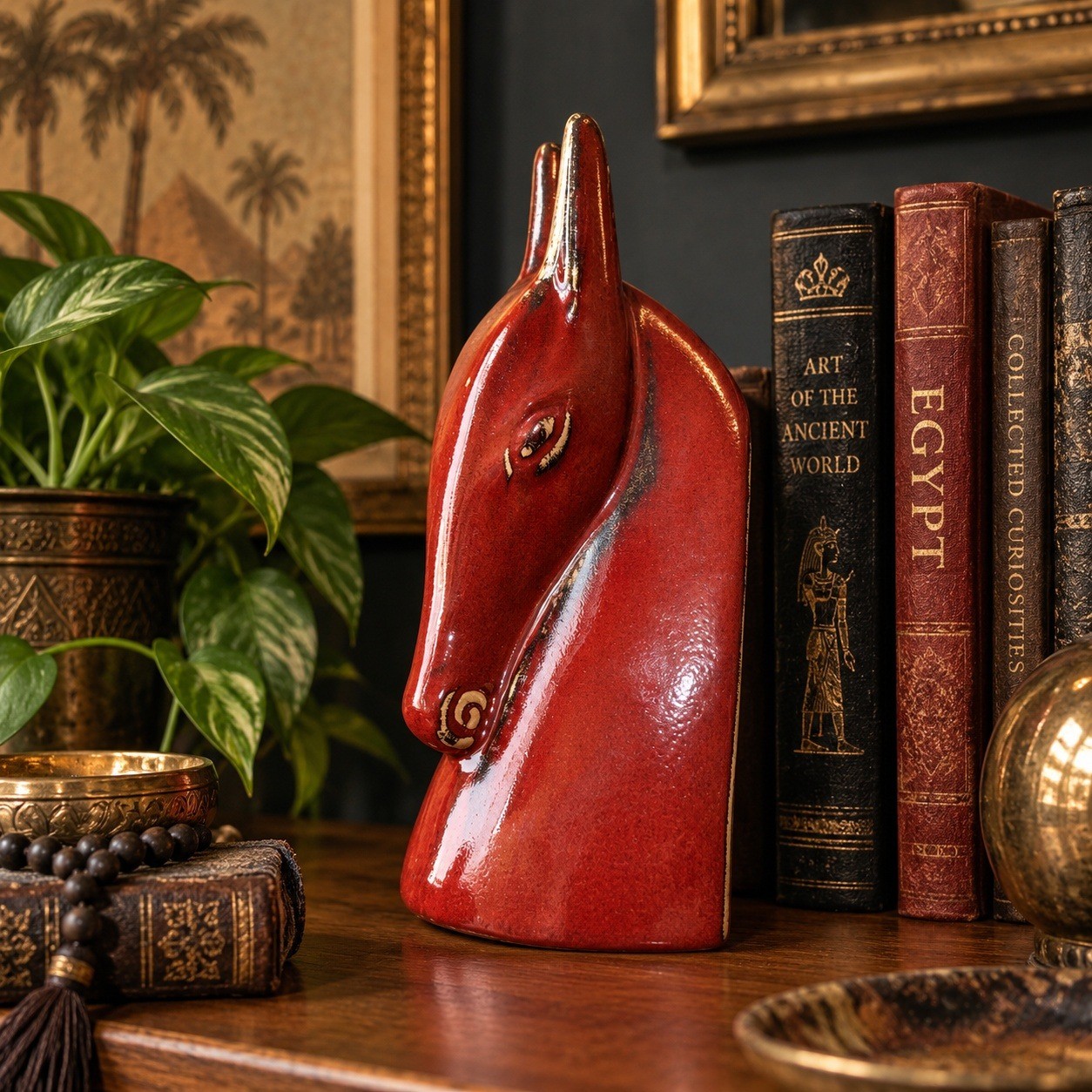 Vintage Red Glazed Ceramic Horse Head Sculpture Stylized Equestrian Decor
