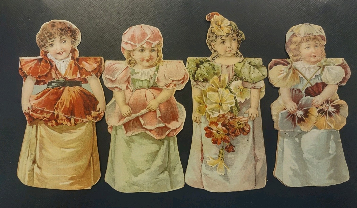 4 Flower Girl Set Paper Doll Enameline Advertising Figural Victorian Trade Cards