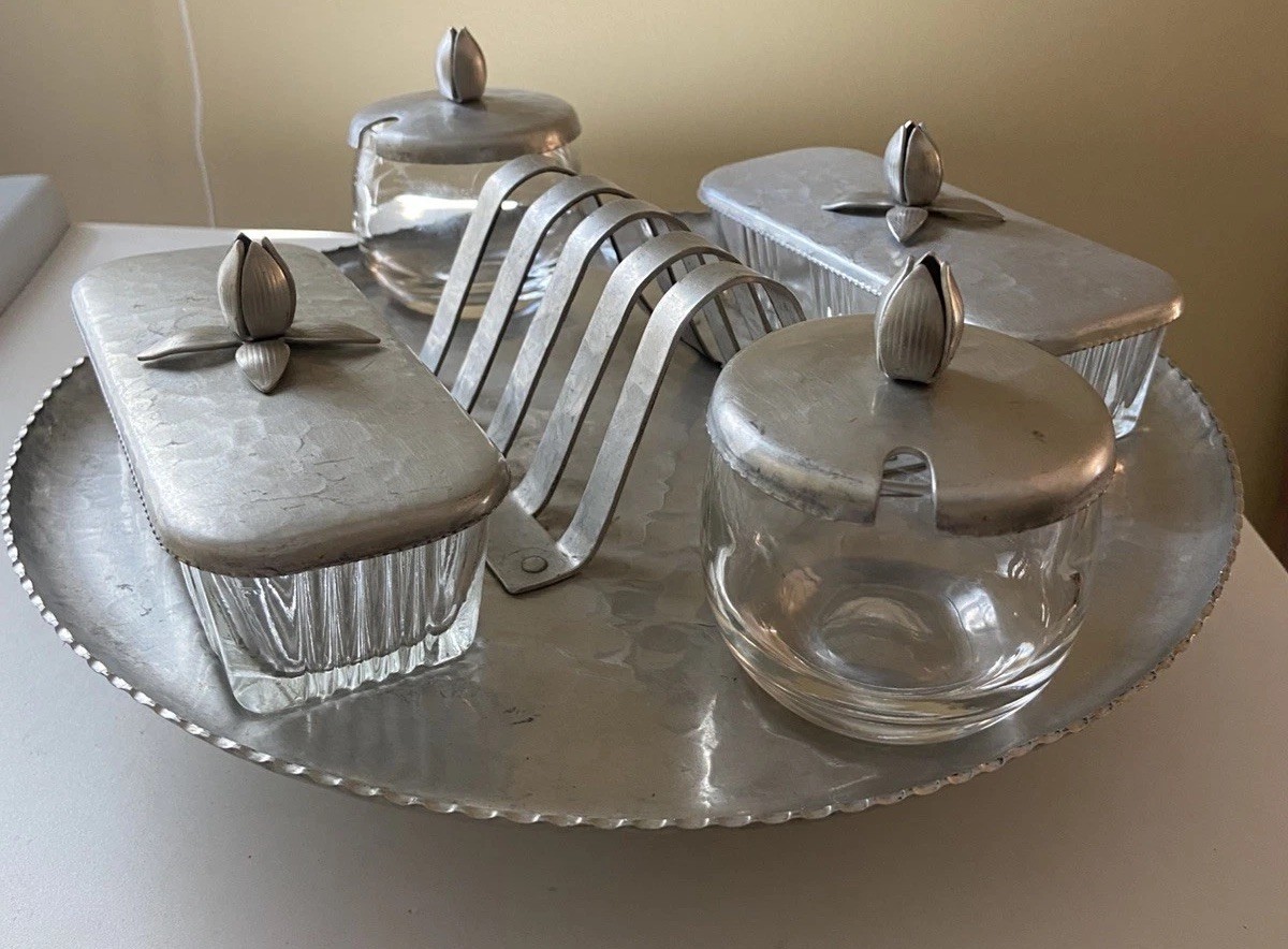 Vtg Rodney Kent Hammered Aluminum Lazy Susan Butter Dishes, Bowls, lids,9 pieces
