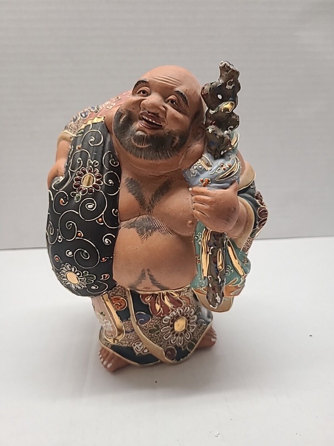Asian Antique Japanese Kutani Hotei Happy Buddha Pottery Statue 8