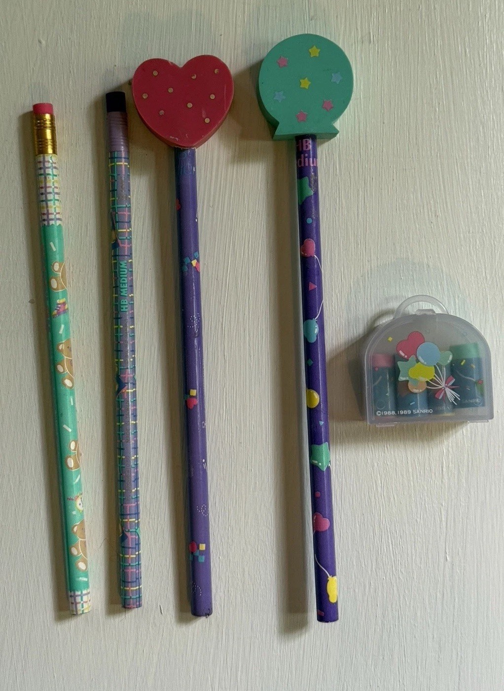 Vintage SANRIO 1988-92 JUST FOR FUN BEAR BUNDLE Pencils & Erasers