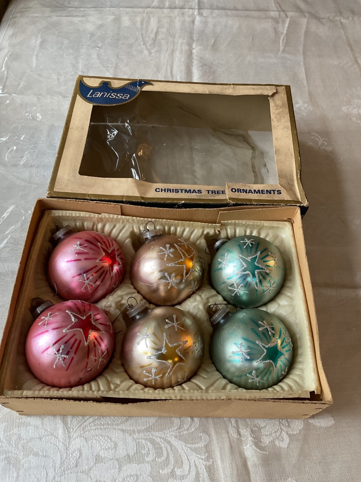 6 Vtg Glass DBGM West Germany Lanissa Shiny Brite Stencil Star Glitter Ornaments