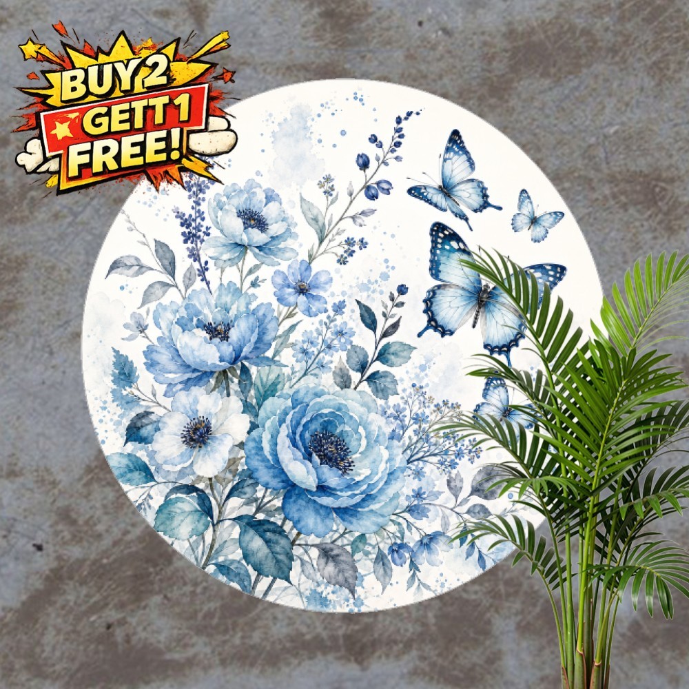 Blue Floral Butterfly Round Metal Sign Elegant Botanical Wall Decor Plaque