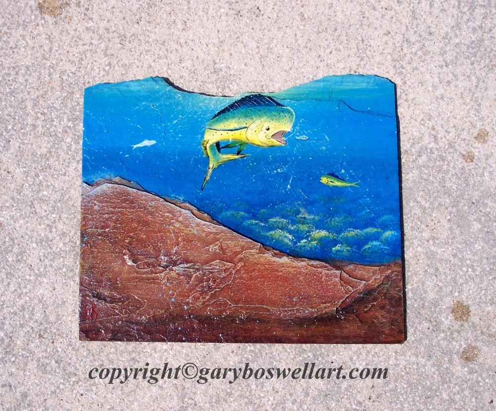 Mahi Fish hand painted on slate-Rock Painting-Original Dolphin wall art