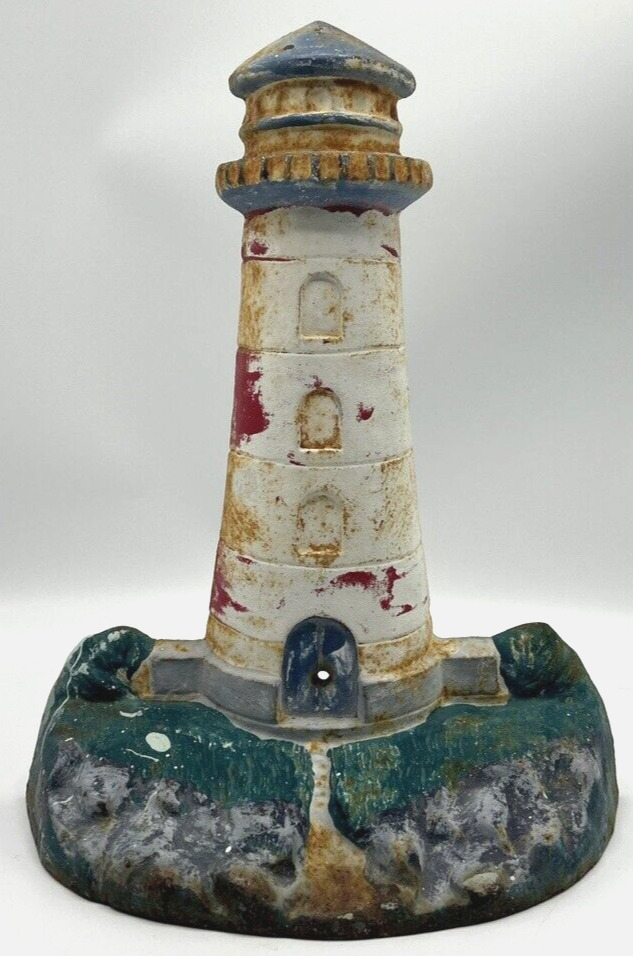 Large Heavy Vintage Cast Iron Painted Lighthouse Door Stop