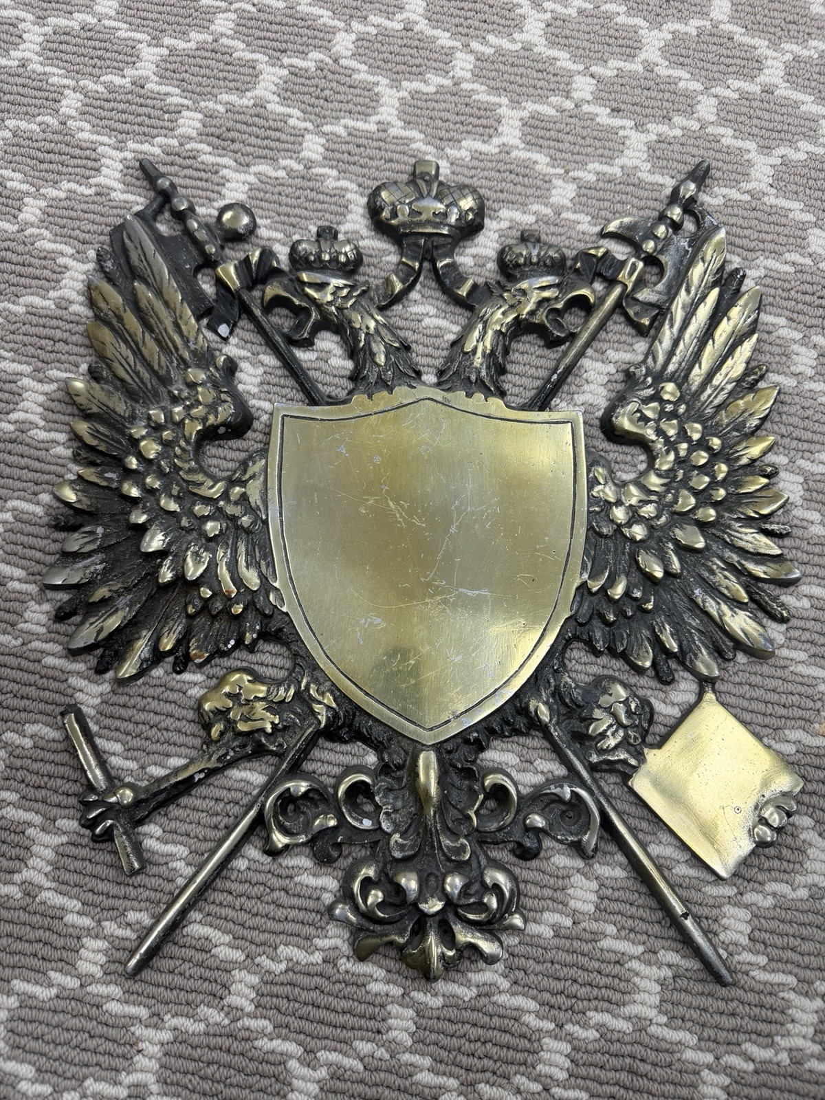 Vintage Brass Double-Headed Eagle Heraldic Wall Plaque Decorative Coat of Arms