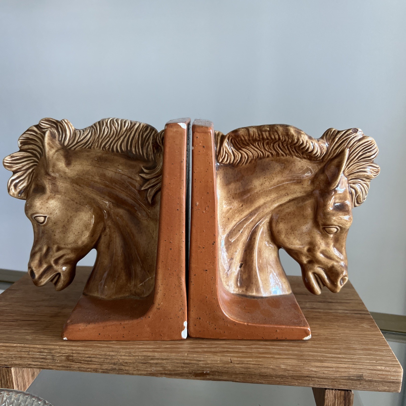 1976 MCM Ceramic Horse Head Bookends Pair Signed Vintage Equestrian Decor