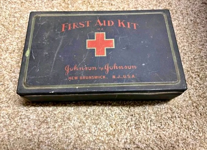 Johnson & Johnson Vintage First Aid Kit Metal Box w/Contents
