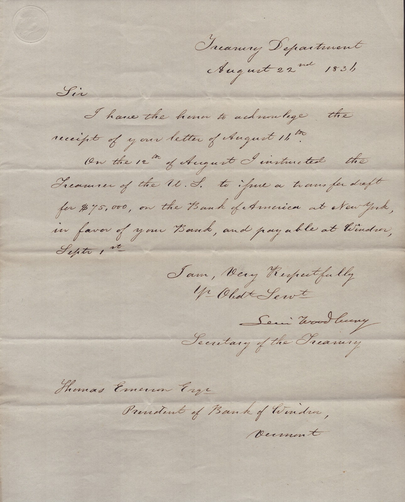 LEVI WOODBURY - MANUSCRIPT LETTER SIGNED 08/22/1836