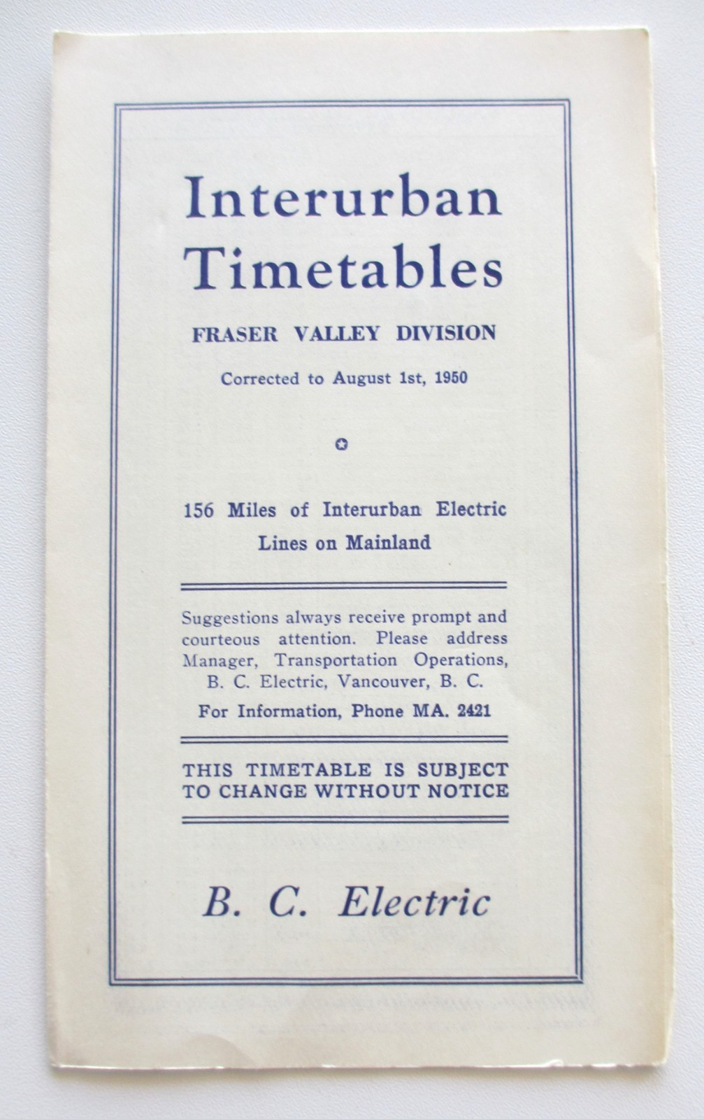 Vintage 1950 BC Electric Railway Interurban Trolley Timetable Vancouver Canada