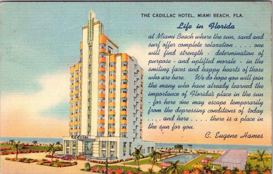 1942 THE CADILLAC HOTEL MIAMI BEACH FLORIDA C. EUGENE HAMES POSTCARD