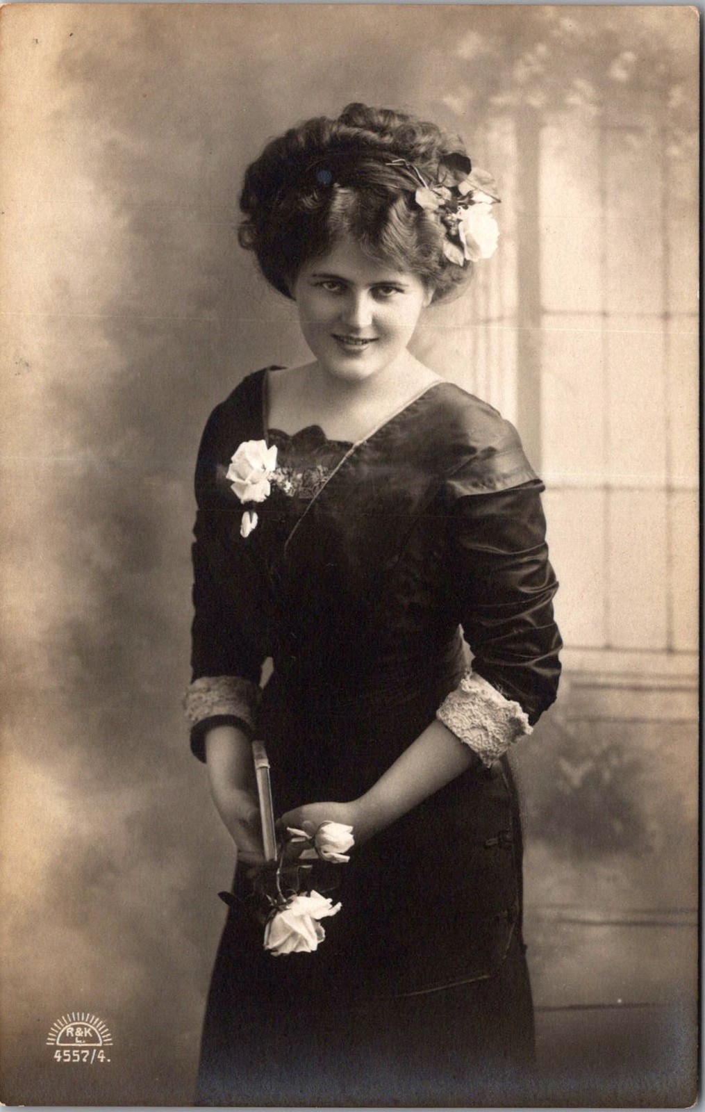 Woman Holding Roses RPPC Vintage Postcard 4P27-3