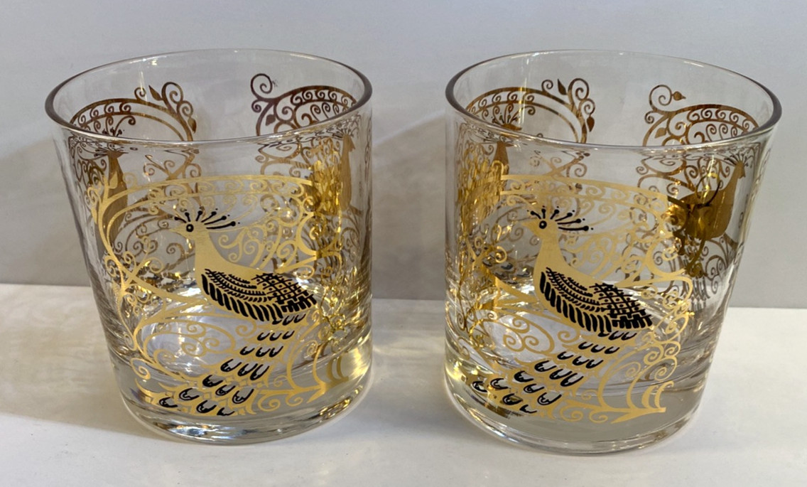 MCM Osborne Kemper Thomas Gold Peacock Old Fashioned Glasses 3.5