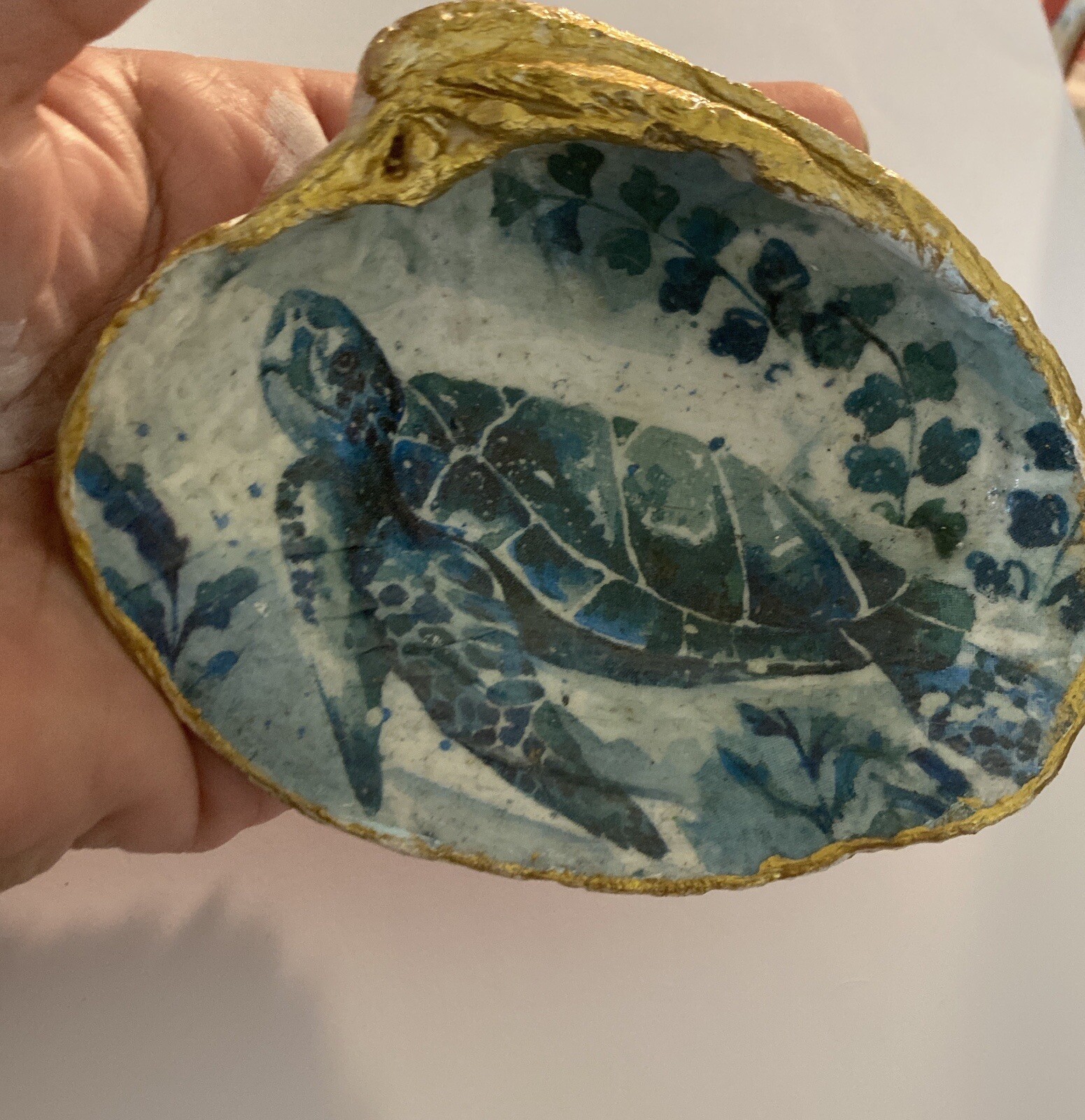 Turtle Decoupage Ring Dish Clam Shell Jewelry/Trinket Holder Beach Decor Art