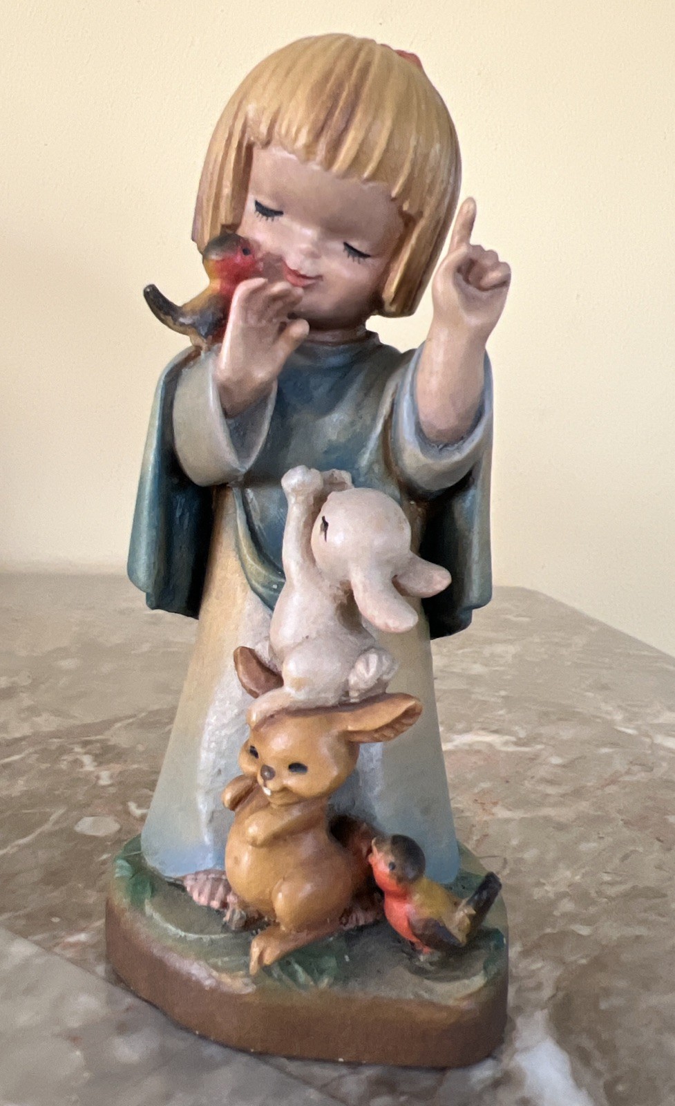 Vintage ANRI Ferrandiz Girl W/ Bunnies & Birds Wooden Figurine 6” Italy