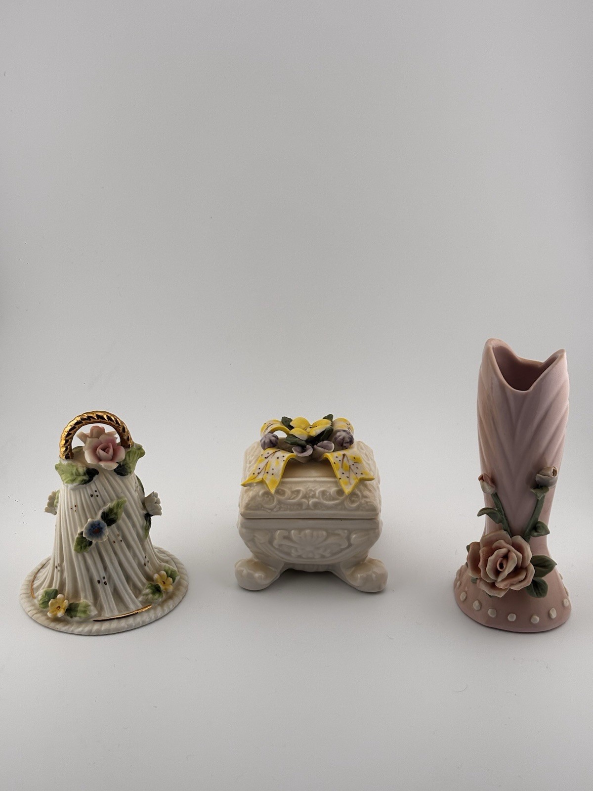 Vintage Porcelain Floral Vanity Set- Dinner Bell, Lidded Trinket Box, Pink Vase