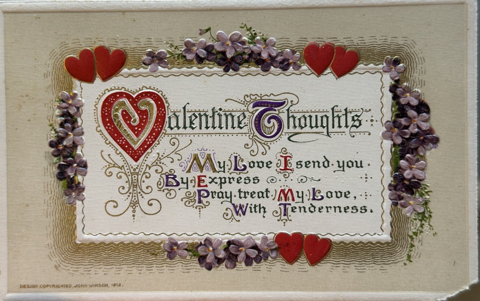 John Winsch 1912 Embossed Valentine’s Day Greetings Postcard Divided Back