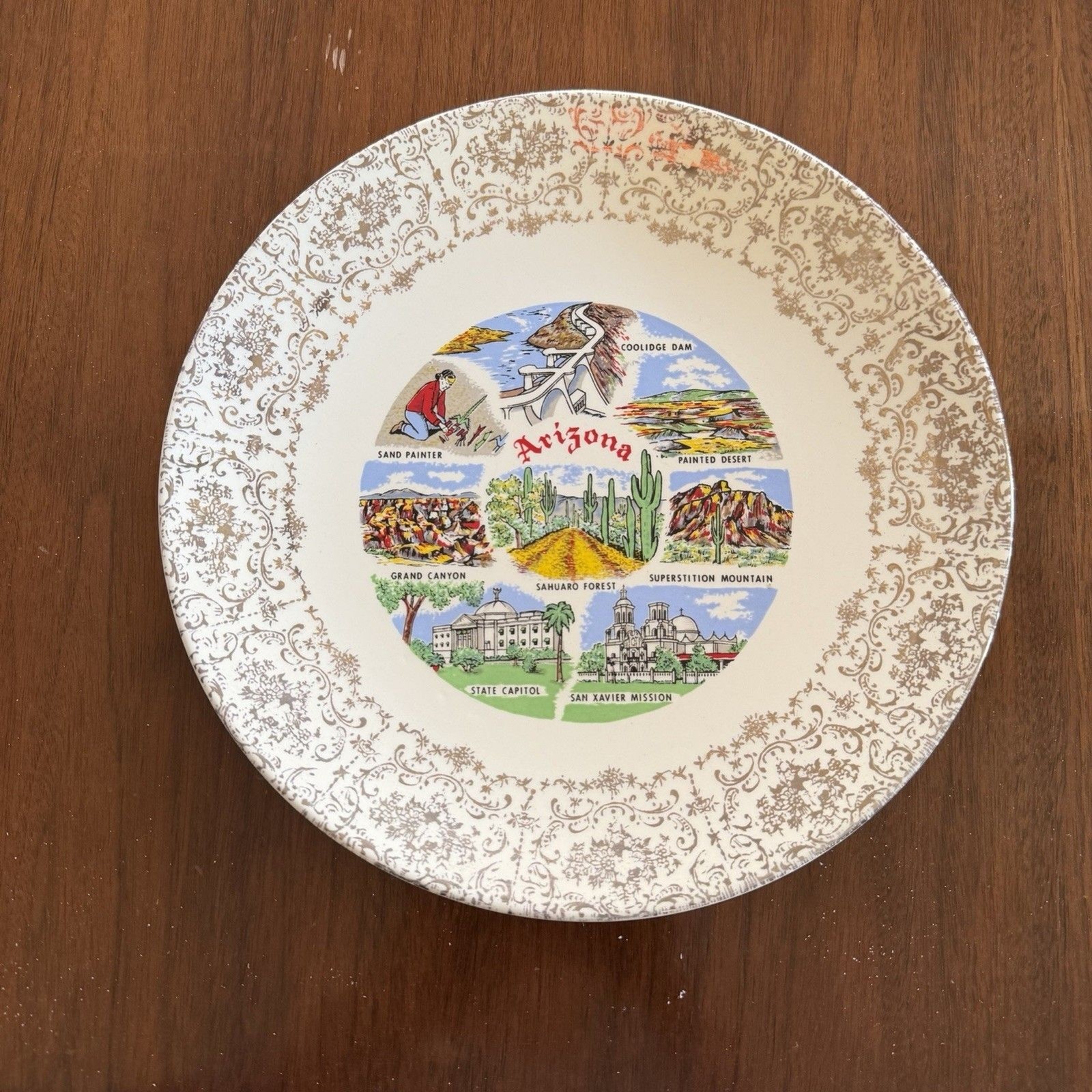 Vintage Arizona Souvenir Landmark Plate Gold Filigree Wall Decor 1960s MCM 10” Vintage Arizona Souvenir Landmark Plate Gold Filigree Wall Decor 1960s MCM 10”