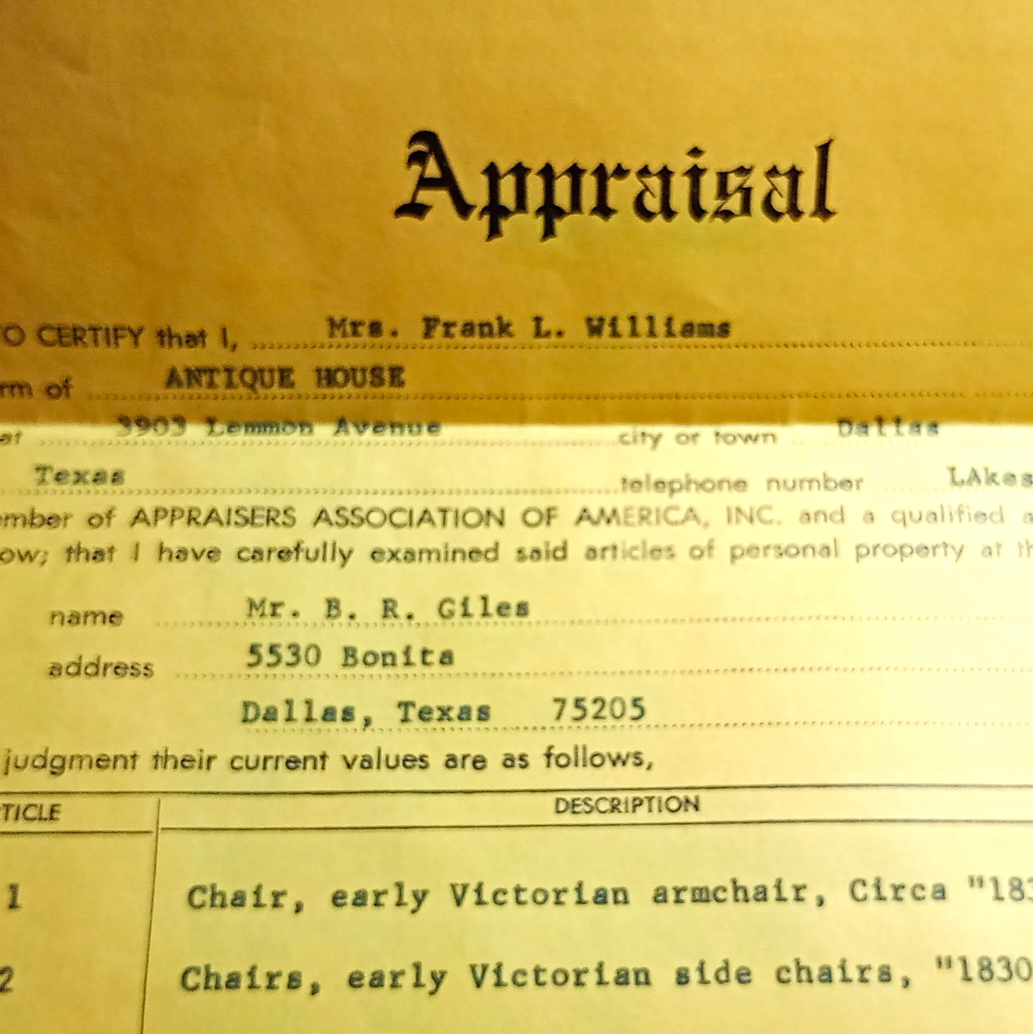  1968 antique appraisal document, Dallas Texas, Frank Williams Antique House
