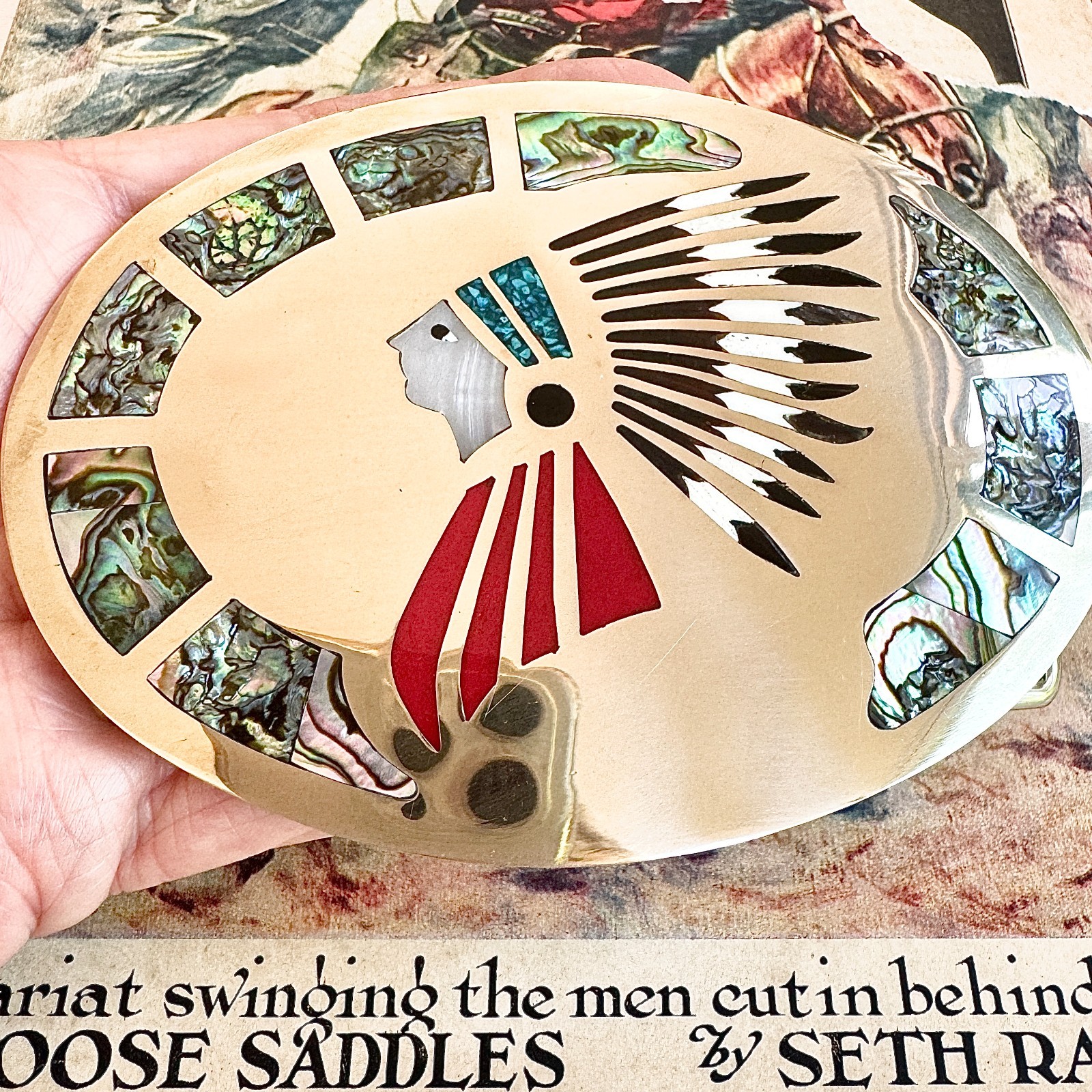 For Repair VTG Johnson Held Turquoise Indian Chief Inlay Western Belt Buckle New