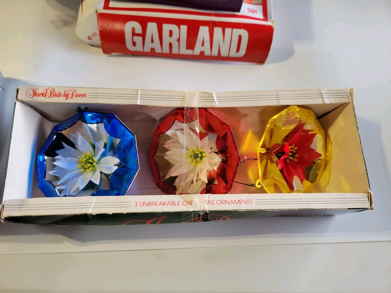 Vintage Jewel Brite Poinsettia Original Box Diorama Christmas Ornaments