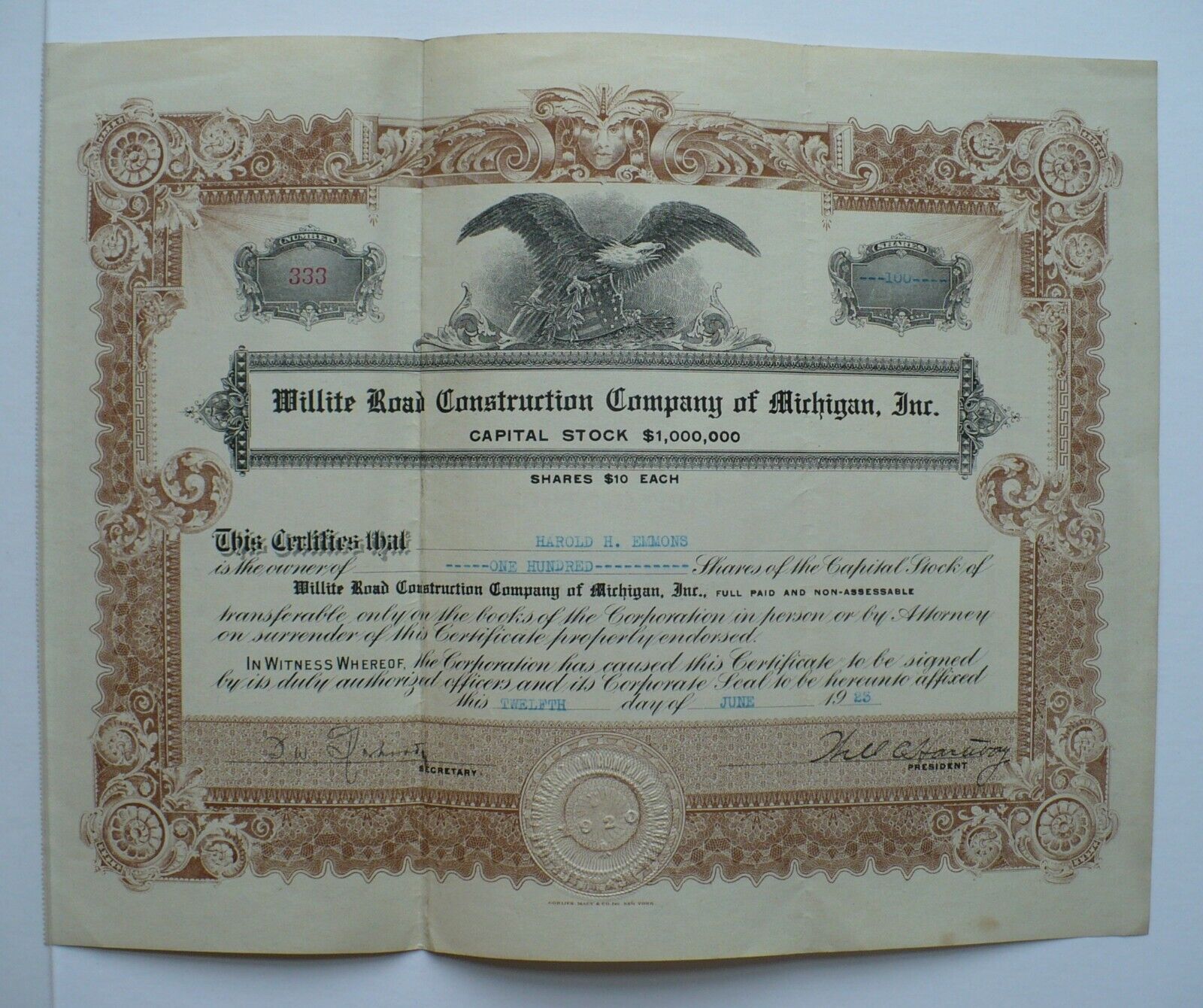 1923 WILLITE ROAD CONSTRUCTION COMPANY MICHIGAN STOCK CERTIFICATE, 100 SHARES