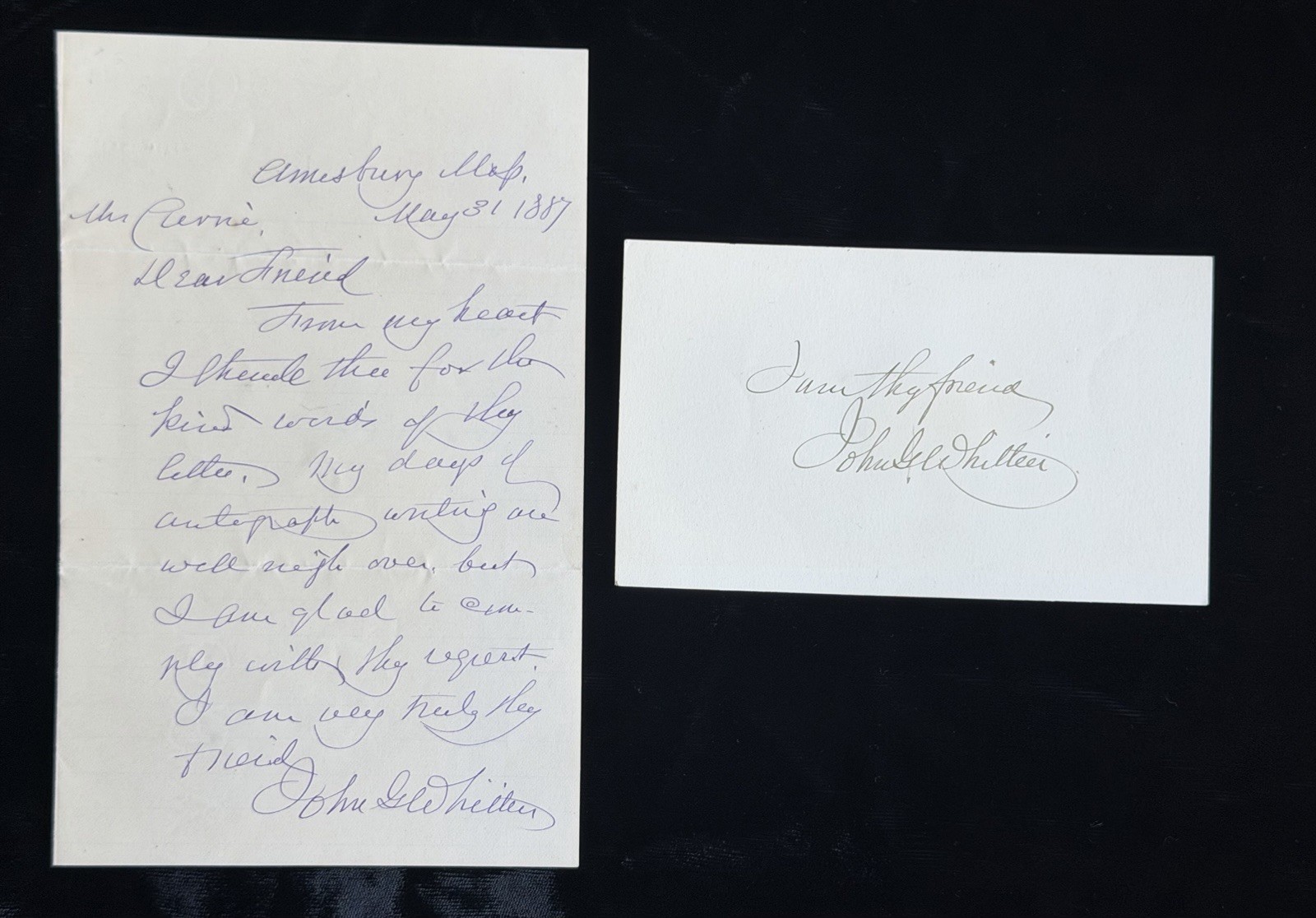 JOHN GREENLEAF WHITTIER - 1887 LETTER & CARD SIGNED - Genuine signatures JOHN GREENLEAF WHITTIER - 1887 LETTER & CARD SIGNED - Genuine signatures