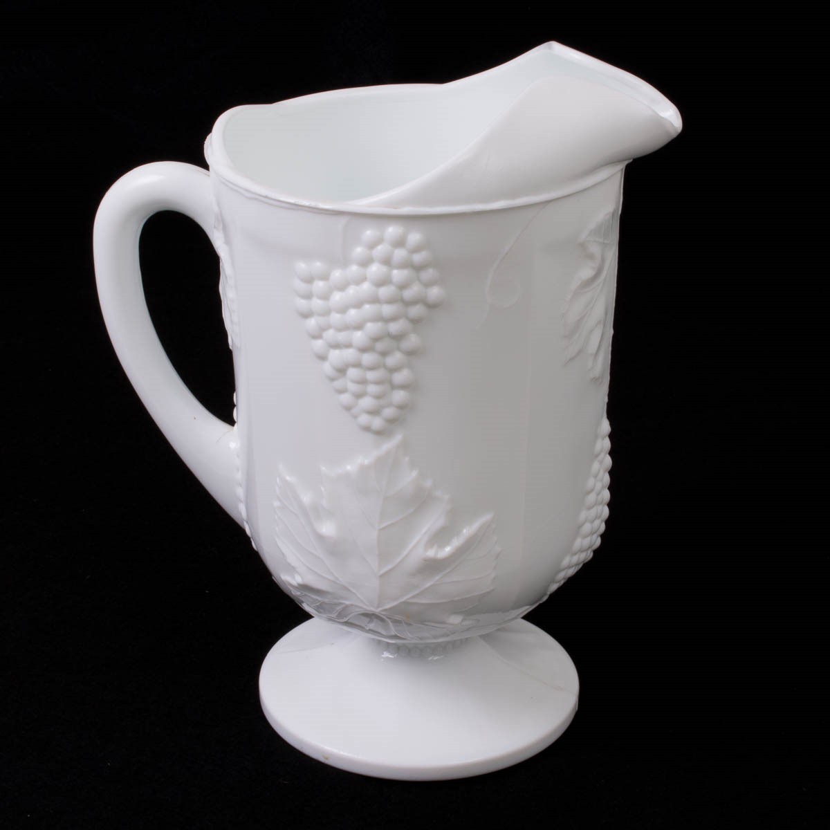 Vintage White Milk Glass Paneled Footed Pitcher Grape Vine Pattern 10.5