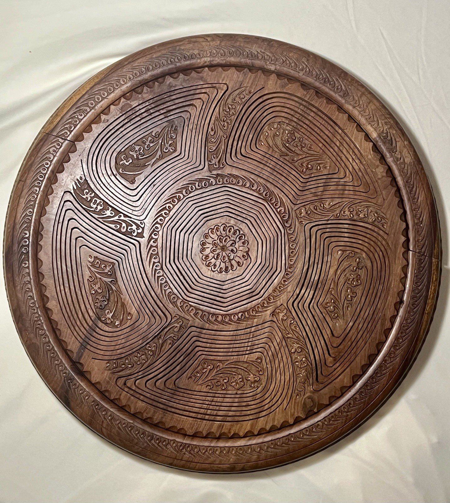 Vintage 17” Hand Carved Wood Collapsible Basket 7 Section 14” Tall Rosewood