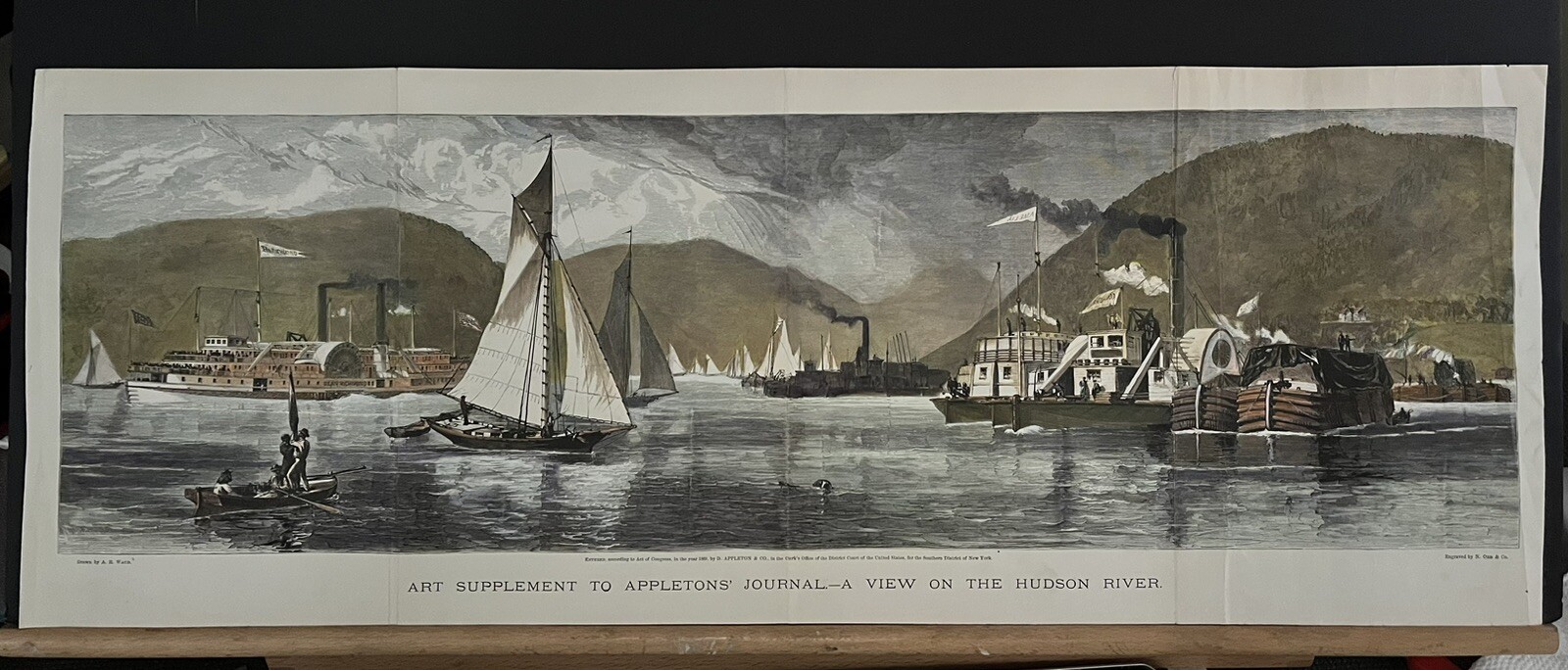 A.R. WAUD 1869 A VIEW ON THE HUDSON RIVER  APPLETONS’ JOURNAL ENGRAVING 29”x 11”