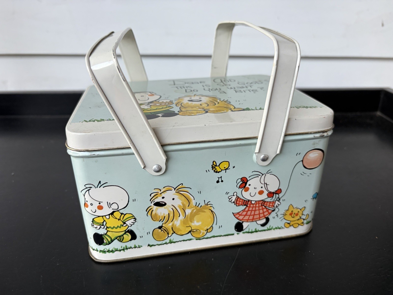 Vintage ENESCO Metal Picnic Basket Tin Small Lunch Box Retro God Food Dog