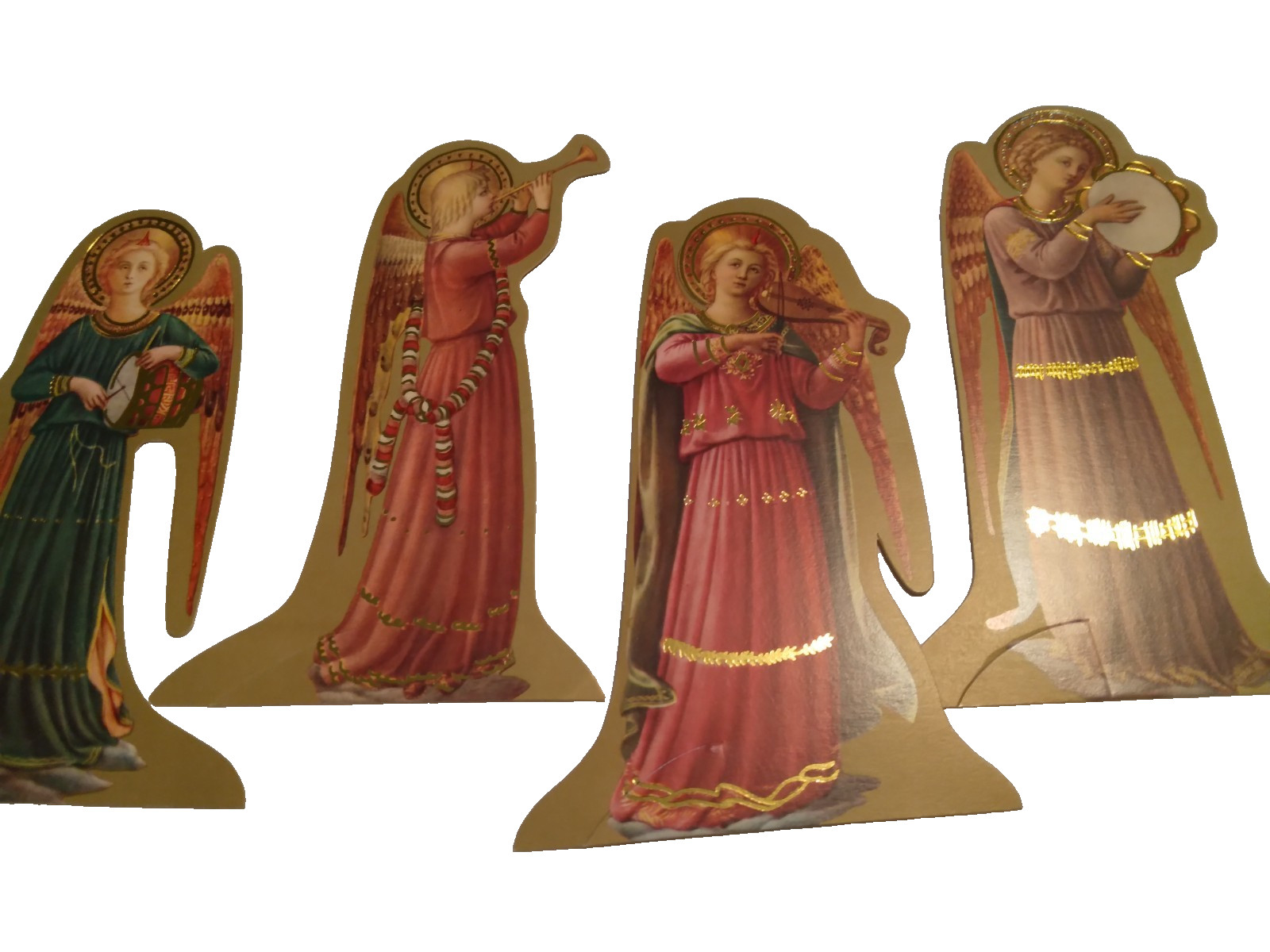 Vintage Set Christmas Angels USA Stand-up Die Cuts NOS 80s Metallic Gold Accent