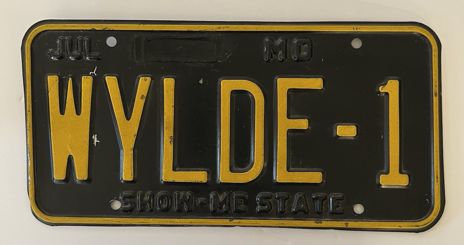 Vintage 1980s Missouri Black Vanity License Plate WYLDE-1 Show-Me State Tag MO