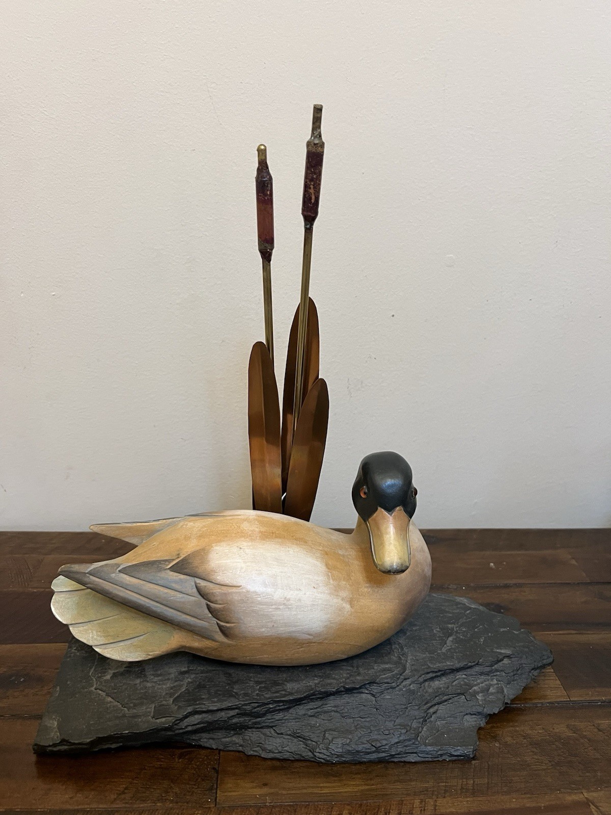 VTG Hand Carved Wood Duck Sculpture Slate Base Brass Cattails Lodge Cabin Decor