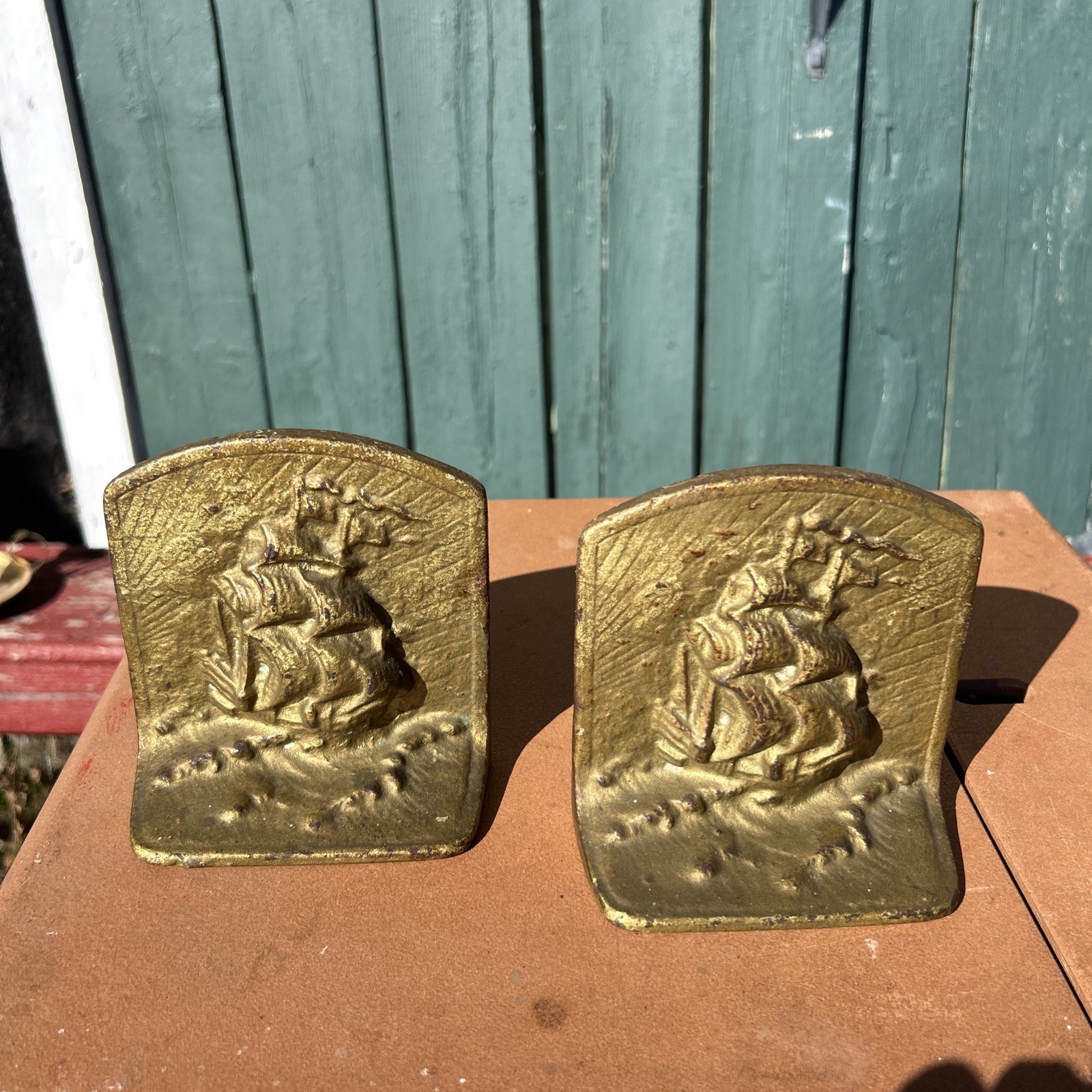 VINTAGE rare Sea Ship early American CAST IRON BOOKENDS 