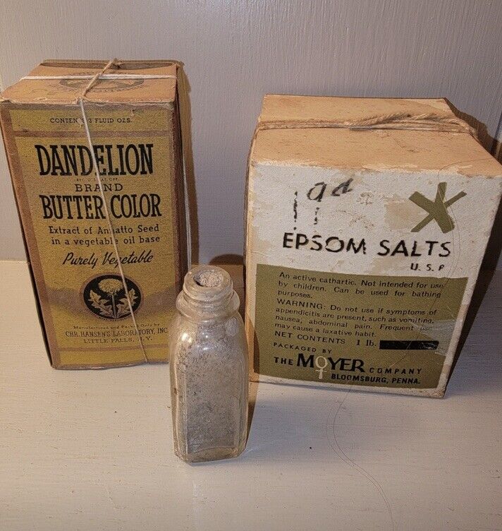 Lot Of Antique/ Vintage Glass Bottle and Cardboard Boxes- Butter Color Dandelion