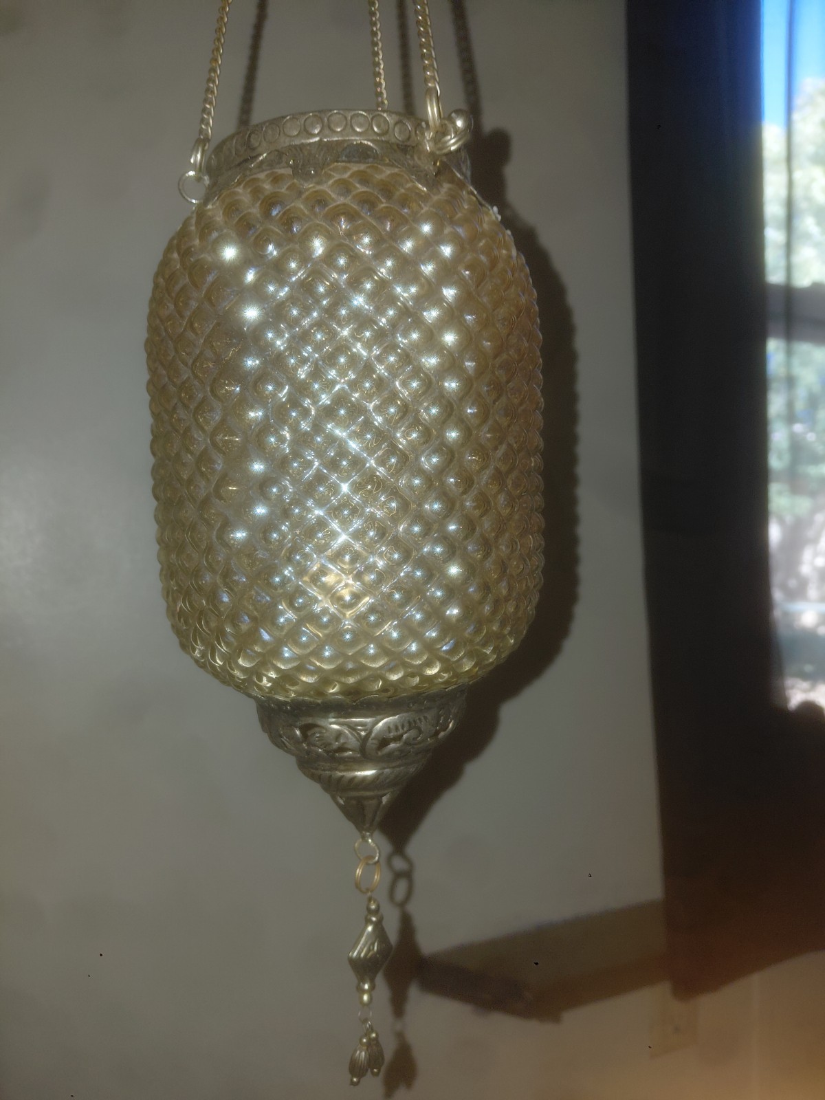 Vintage Amber Glass Hanging Candle Lantern Holder Moroccan 