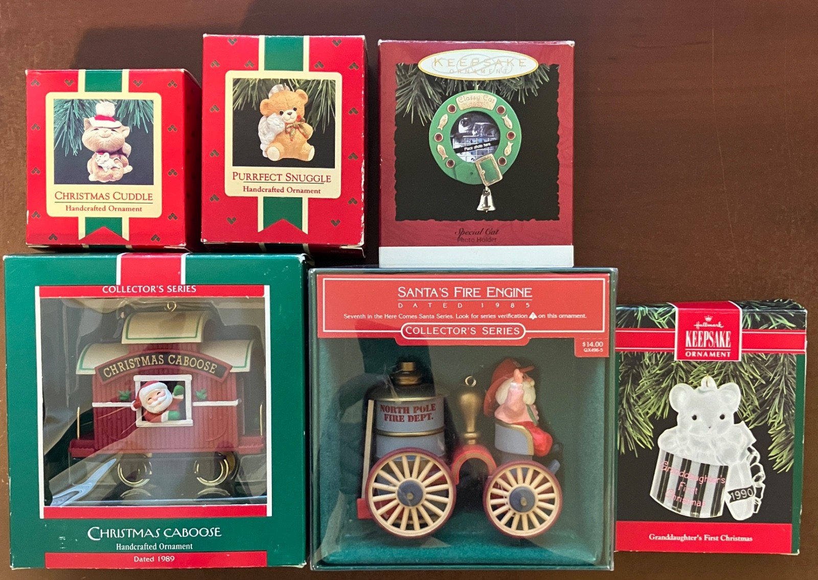 Lot 6 Vintage Hallmark Keepsake Ornaments 1985-1993 Santa Caboose Fire Engine