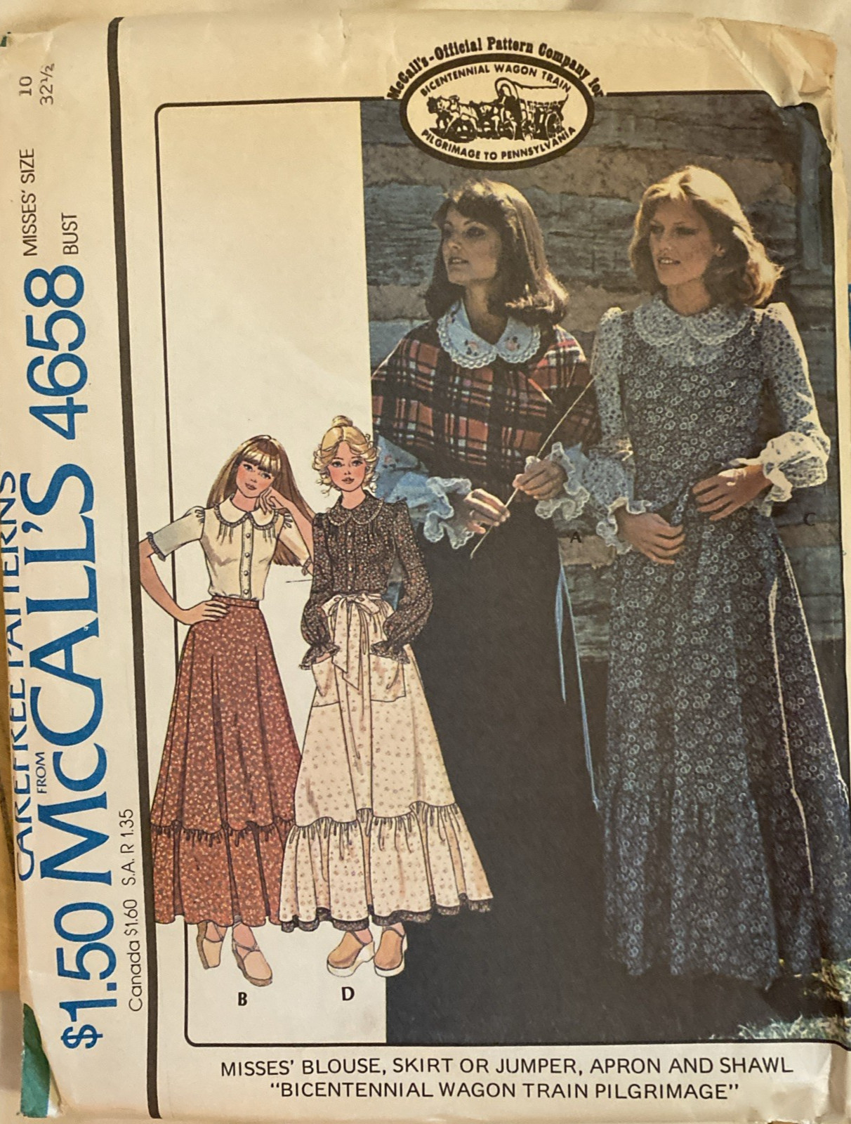 VTG 1975 McCall\'s Bicentennial Wagon Train Skirt Jumper Blouse Apron Shawl UNCUT VTG 1975 McCall\'s Bicentennial Wagon Train Skirt Jumper Blouse Apron Shawl UNCUT