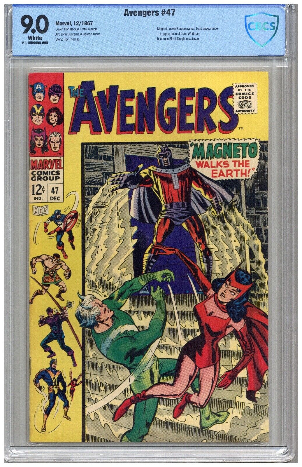 Avengers  # 47  CBCS  9.0  VFNM  White pgs 12/67  Magneto cover & App.  Toad App