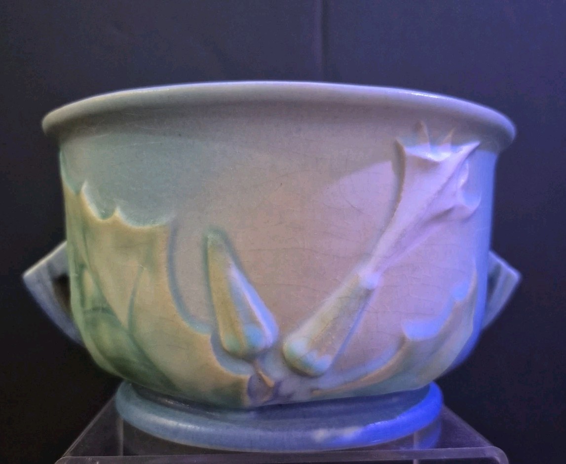 ROSEVILLE POTTERY THORNAPPLE BLUE DOUBLE HANDLE 262-5 PLANTER VASE 1930\'S