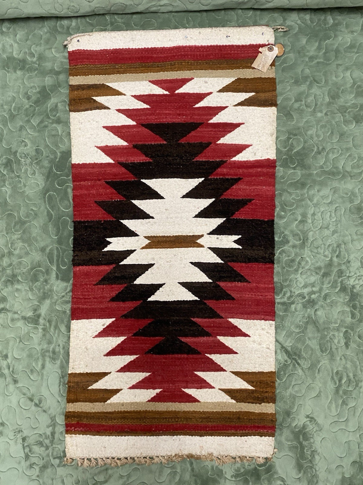 Antique Native American Navajo Tribe Virgin Wool Rug, 39”x19”, Wooden Hanger