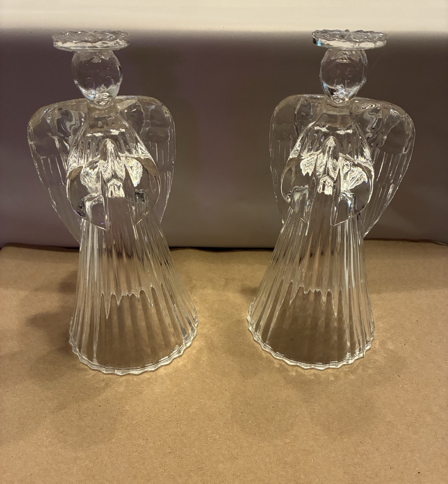 2  Crystal Glass Angel Candlestick Holders Ribbed Skirt & Wings  7\