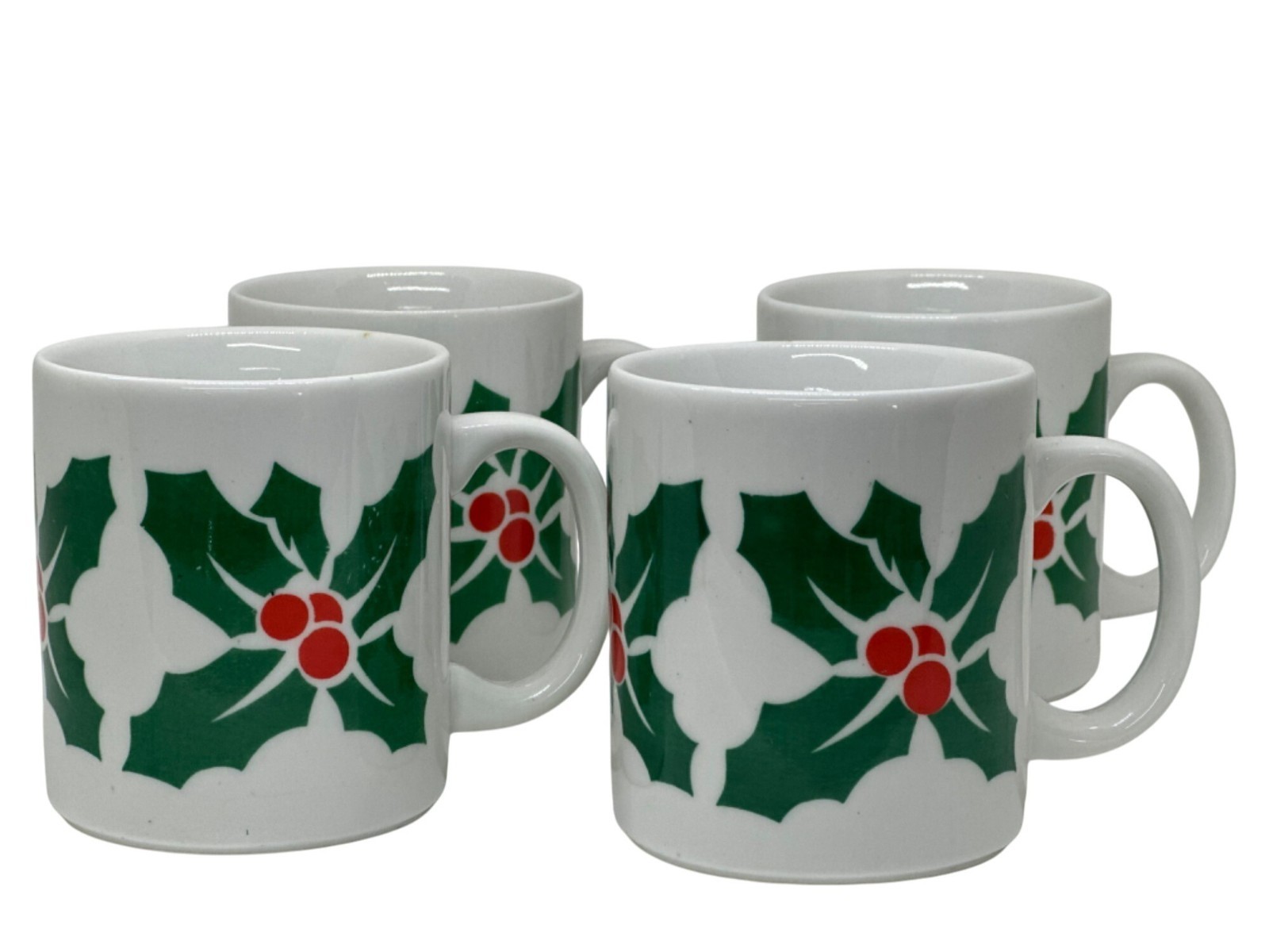 VTG 90s Holly Berry Christmas Mugs Set of 4, Green & Red Ceramic Coffee/Tea Cups
