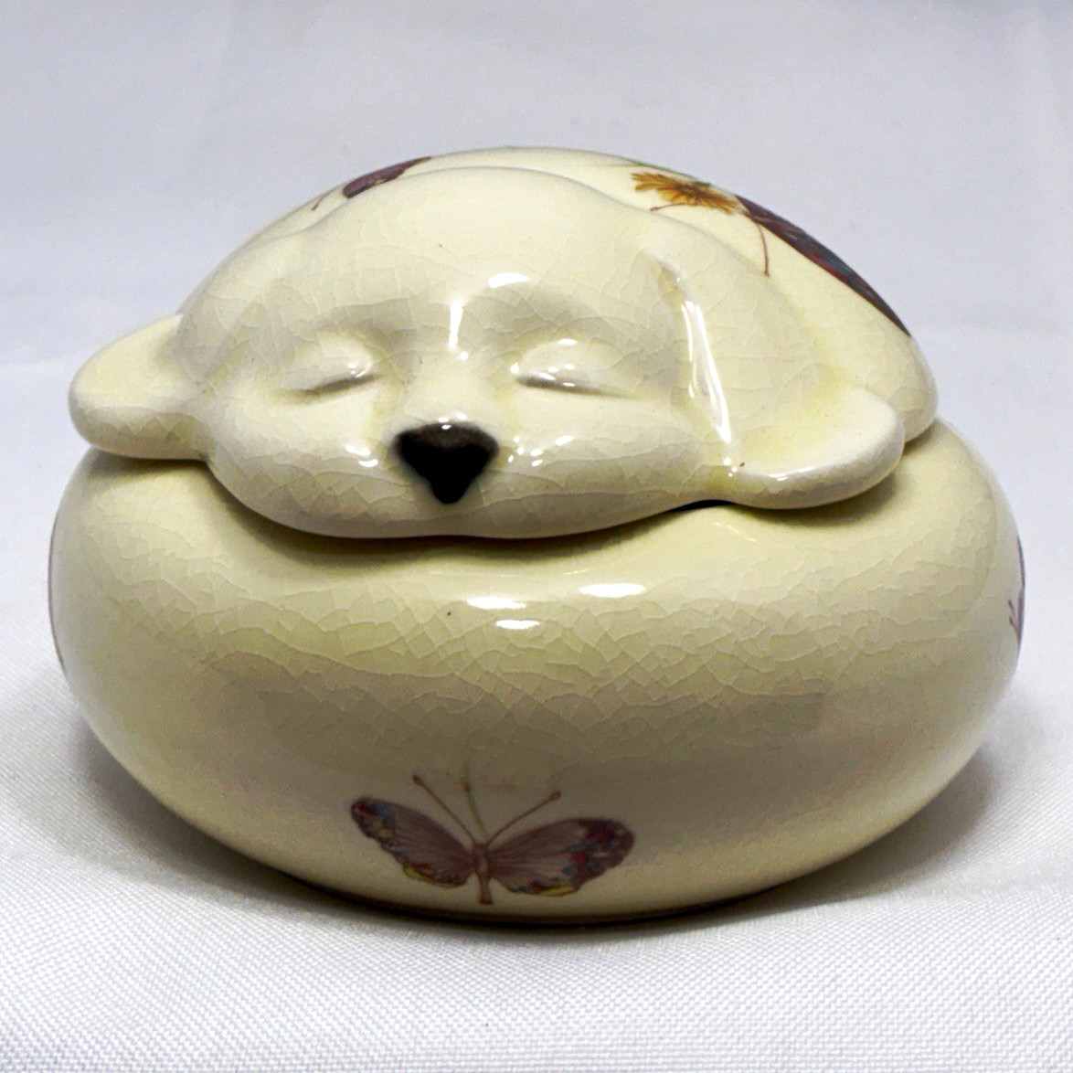 Takahashi San Francisco Ceramic Lidded Trinket Box Sleeping Puppy Butterfly READ