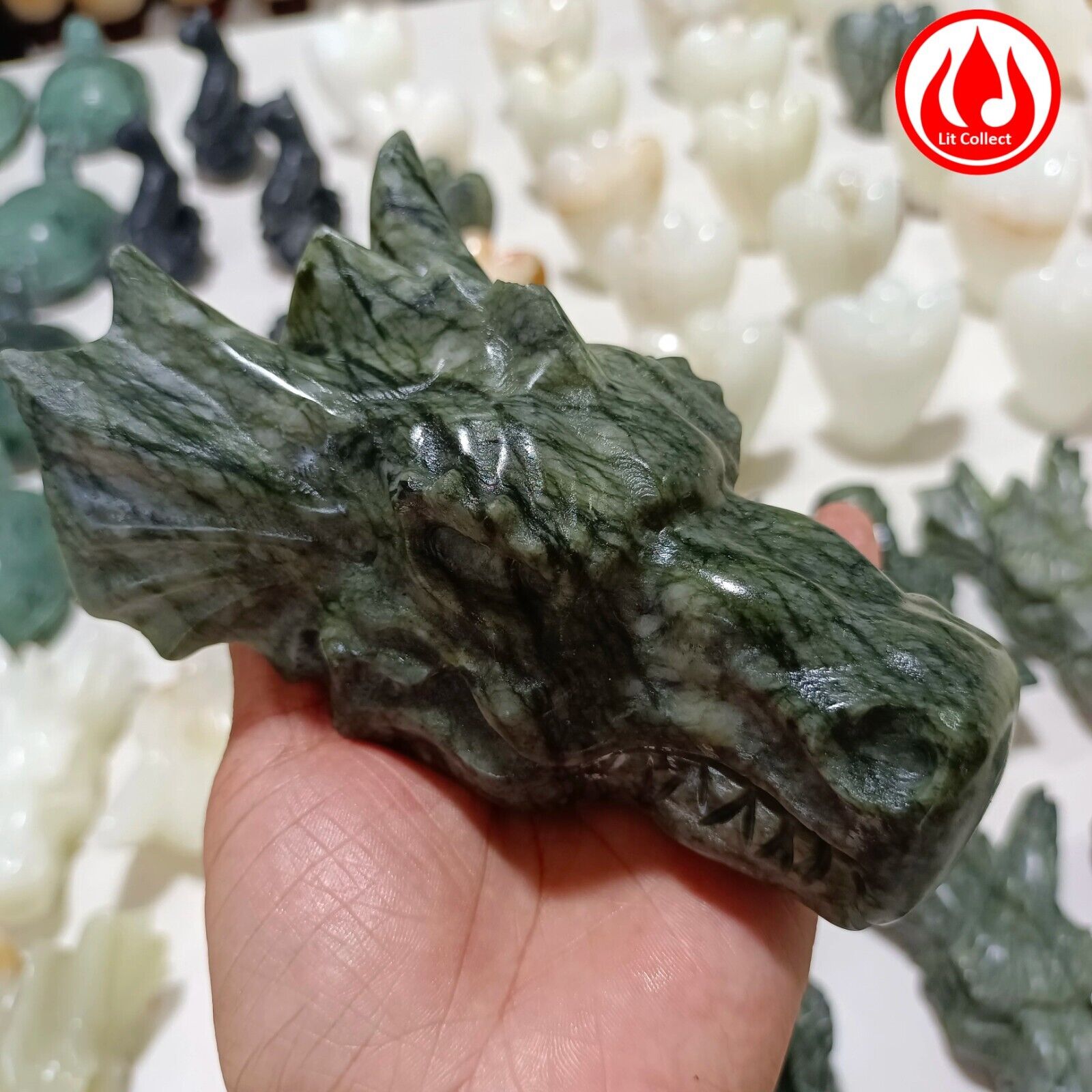 800g Natural Tree Jade Carving Dragon Head Reiki Healing power stone Decor Gem