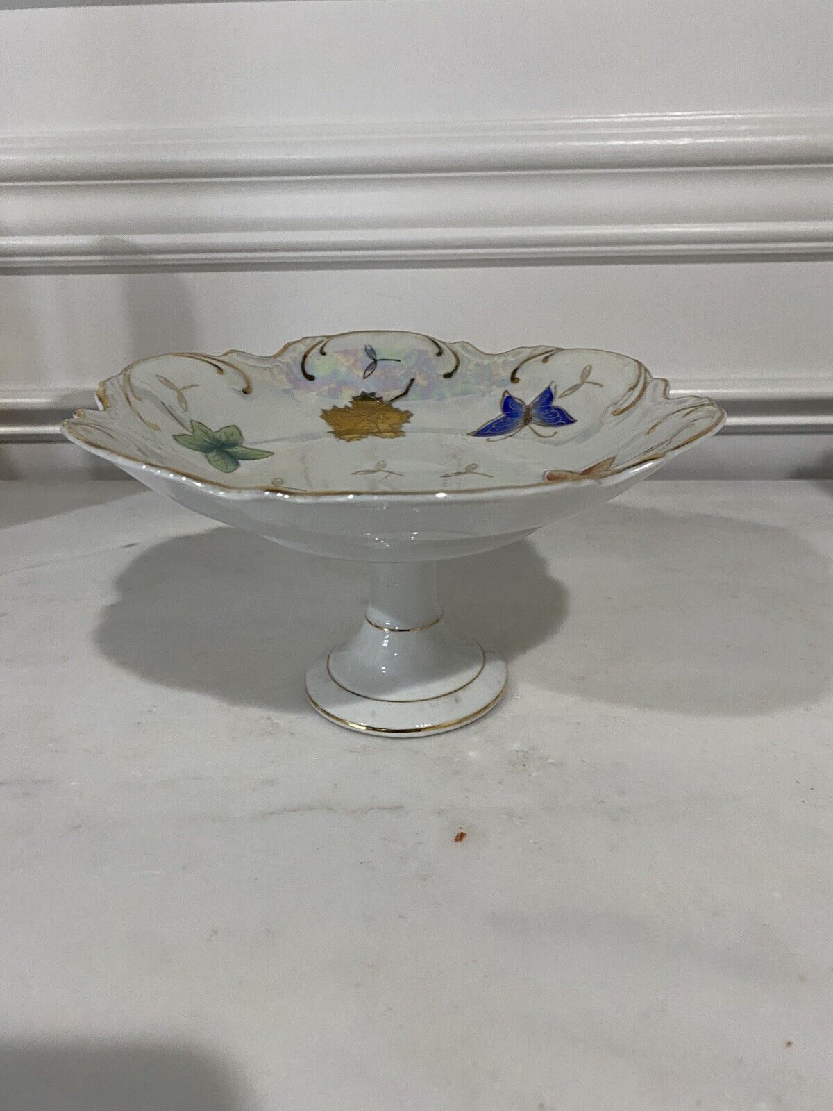 LIPPER & MANN Pedestal Footed Compote Dish Butterflies Leaves Flowers Gold Trim