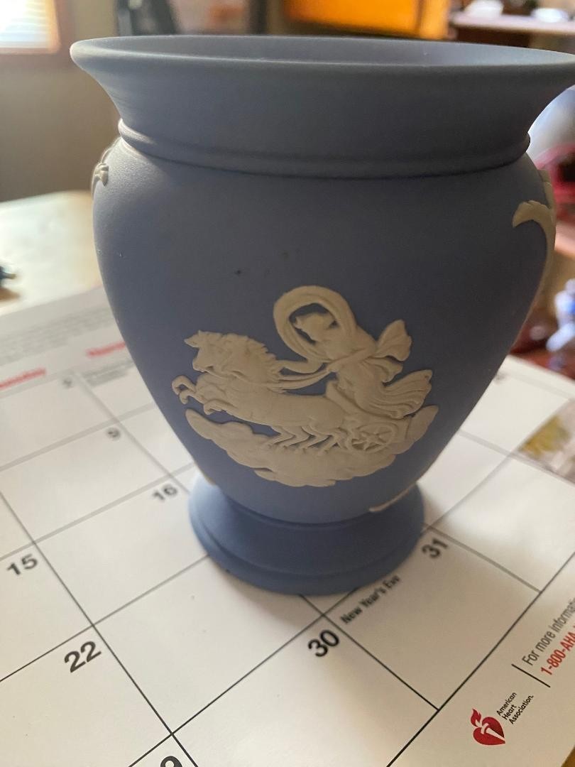 Small Wedgewood blue vase/cup with ink stain on the back